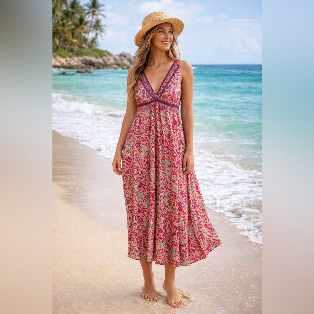Boho Pink Floral Midi Dress Tie Back Tassel Flowy Beach Vacation Resort Sundress